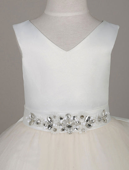 Tulle Satin V Neck Tutu Dress Ivory Beading Waist Sleeveless A-line Dinner Dress With Sash-showprettydress