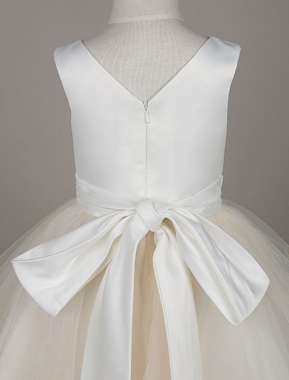 Tulle Satin V Neck Tutu Dress Ivory Beading Waist Sleeveless A-line Dinner Dress With Sash-showprettydress