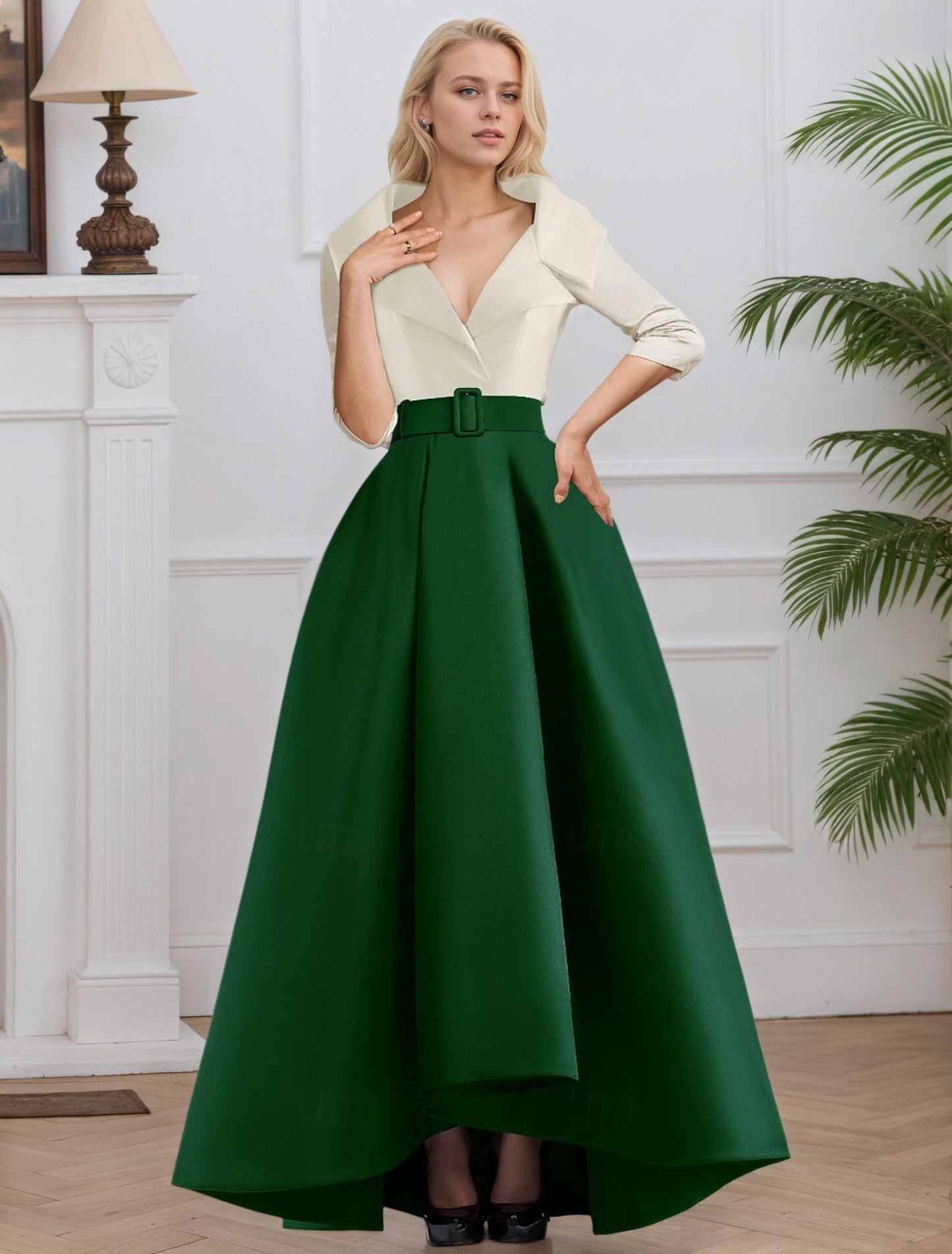 3/4 Length Sleeve Shirt Collar with Pocket Satin A Line  Formal Evening Dresses