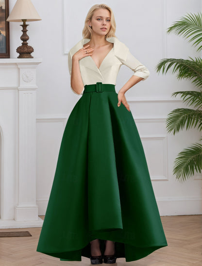 3/4 Length Sleeve Shirt Collar with Pocket Satin A Line  Formal Evening Dresses