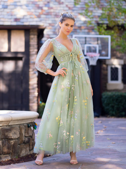 Roycebridal V-neck Embroidery Maxi Length Tulle Corset Floral Prom Dress