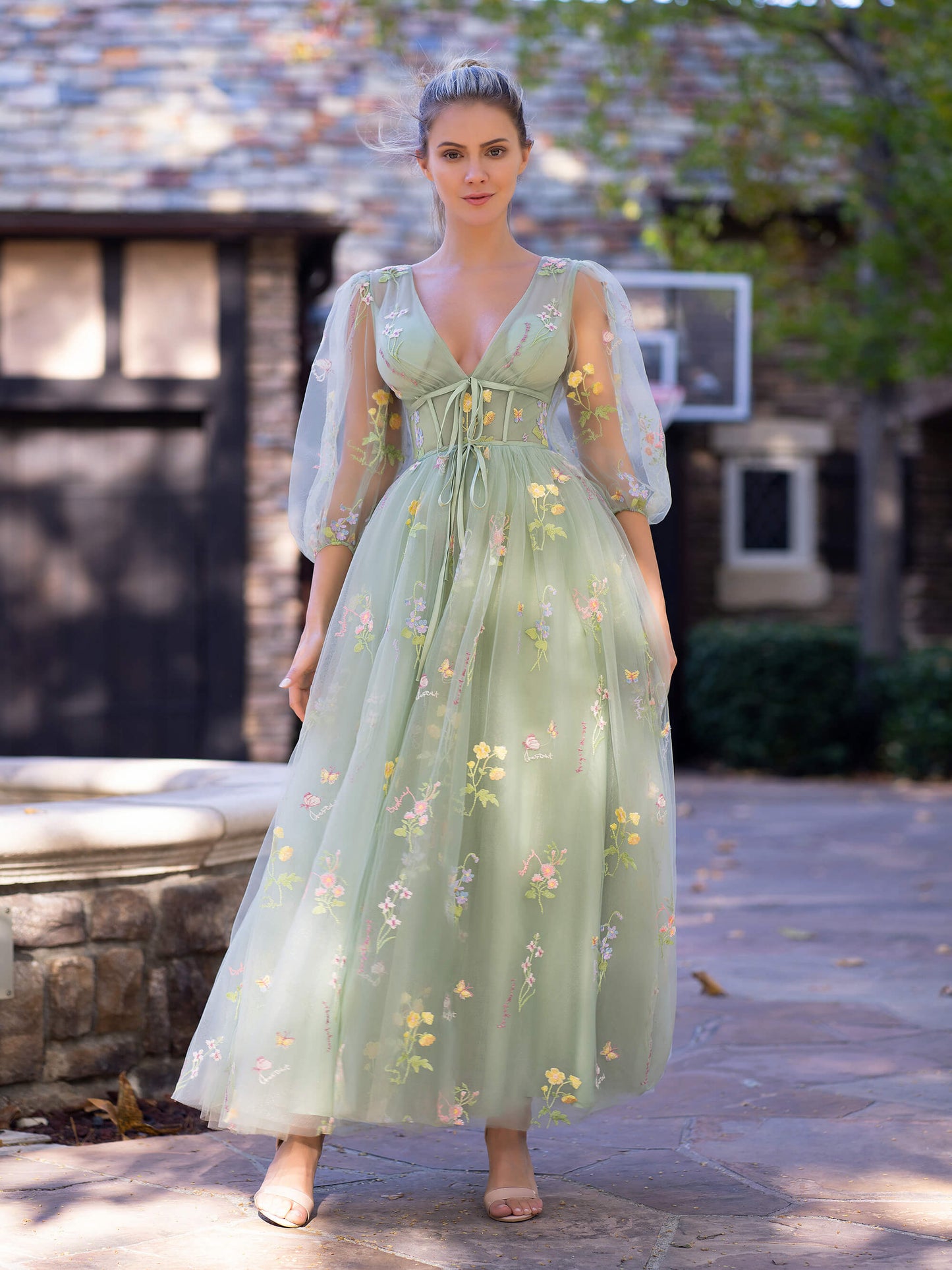 Roycebridal V-neck Embroidery Maxi Length Tulle Corset Floral Prom Dress