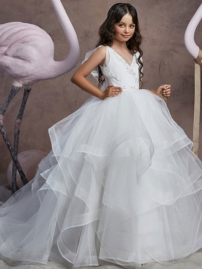 V Neck Lace Sleeveless Floor Length Shoulder Bows Princess Tiered Kids Social Party Dresses-showprettydress