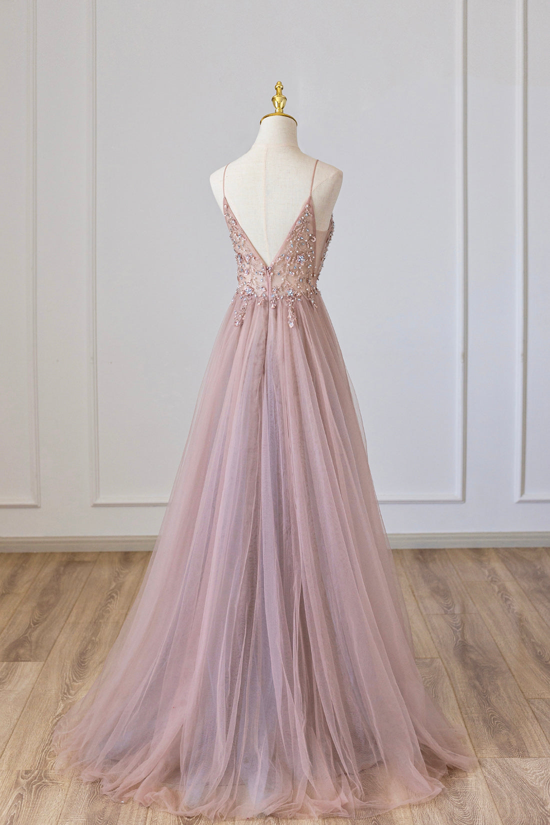 Roycebridal Yareli | Pink Tulle Long A-Line Prom Dress, Pink Spaghetti Formal Dress with Beaded