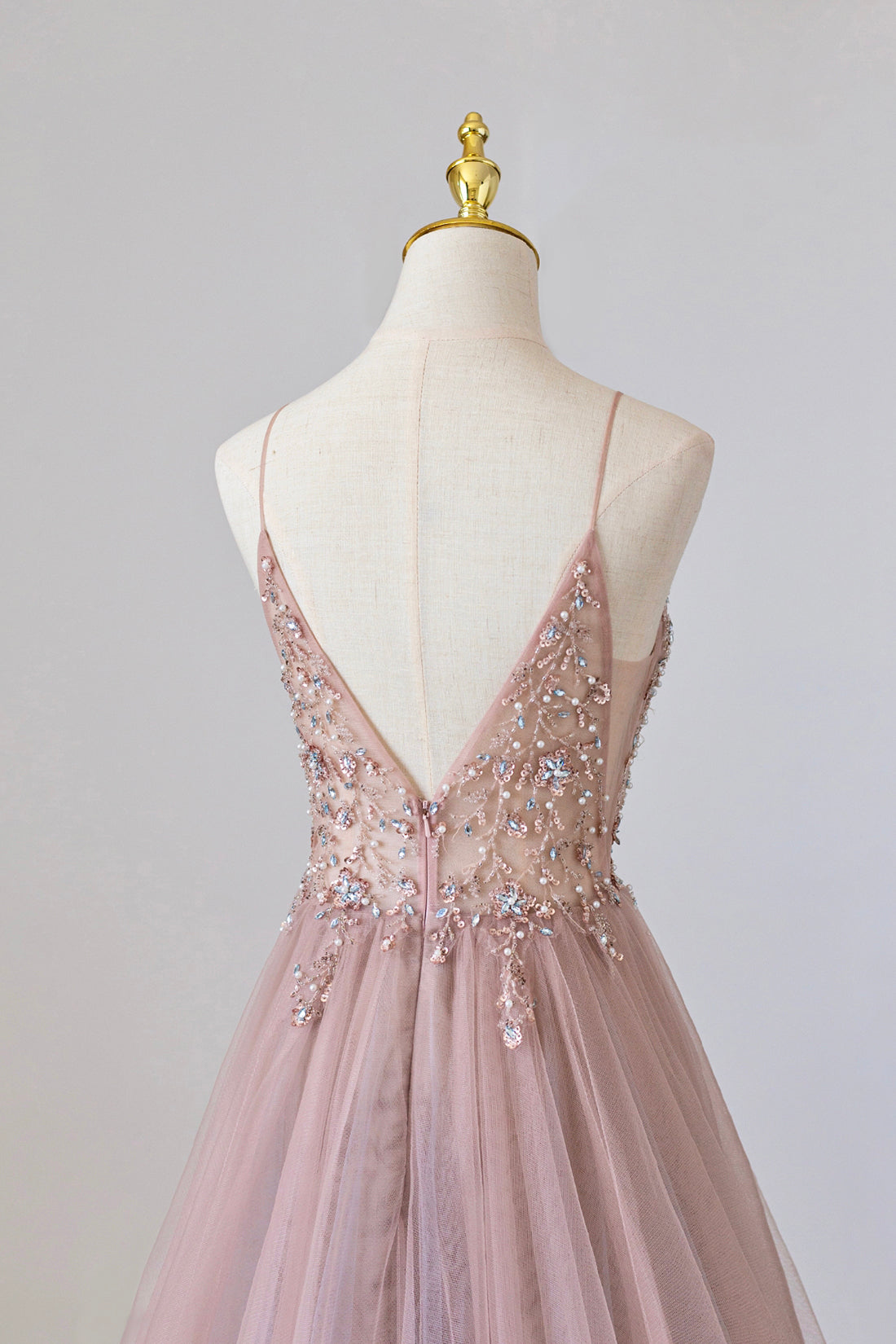 Roycebridal Yareli | Pink Tulle Long A-Line Prom Dress, Pink Spaghetti Formal Dress with Beaded