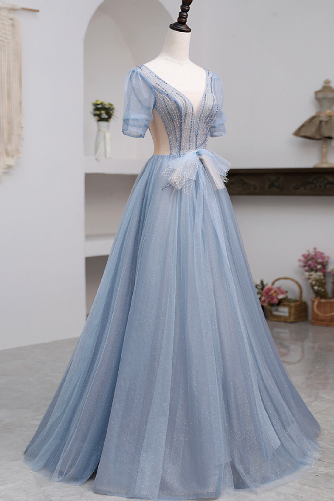 Roycebridal Khaleesi | Blue Short Sleeve Tulle Floor Length Prom Dress with Beaded