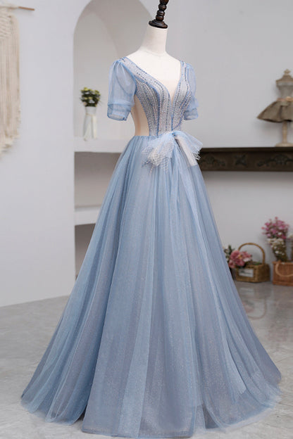 Roycebridal Khaleesi | Blue Short Sleeve Tulle Floor Length Prom Dress with Beaded