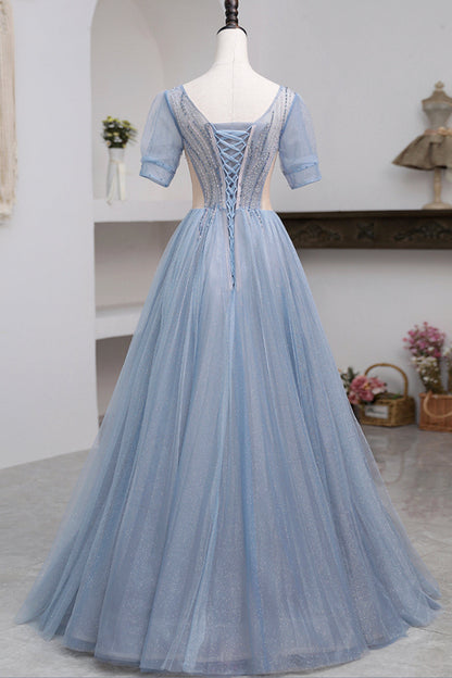 Roycebridal Khaleesi | Blue Short Sleeve Tulle Floor Length Prom Dress with Beaded