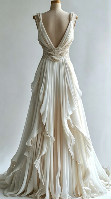 Elegant V Neck Open Back A-Line Ruffles Wedding Dresses Customized