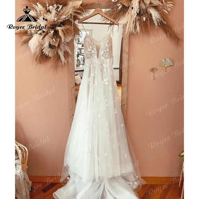 vestido  novia Lace Appliques V Neck A Line Boho Wedding Dress Spaghetti Straps Beach 2023 trouwjurk Robe Bridal Wedding Gowns