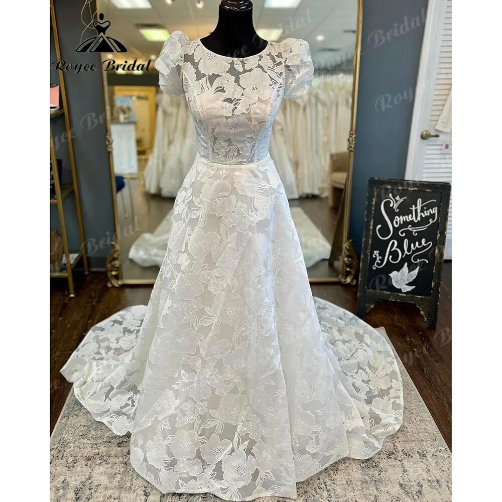 vestido novia Princess Short Puff Sleeve Lace Floral O-Neck Open Back Wedding Dress for Bride 2024 Court Train Wedding Gown