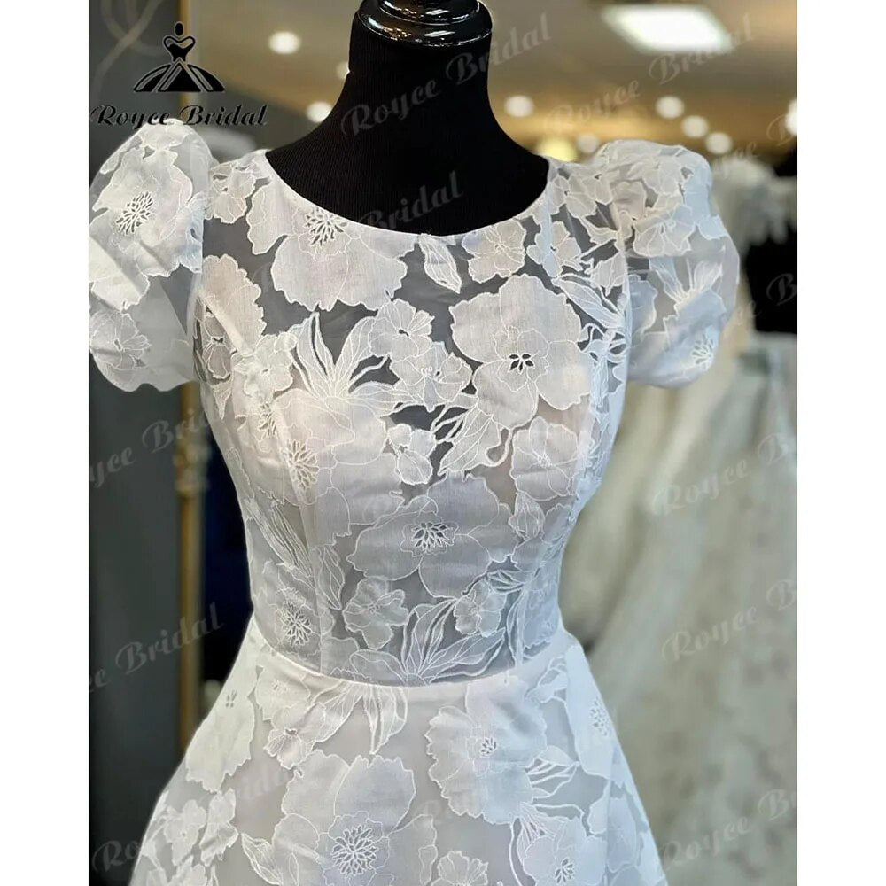 vestido novia Princess Short Puff Sleeve Lace Floral O-Neck Open Back Wedding Dress for Bride  Court Train Wedding Gown