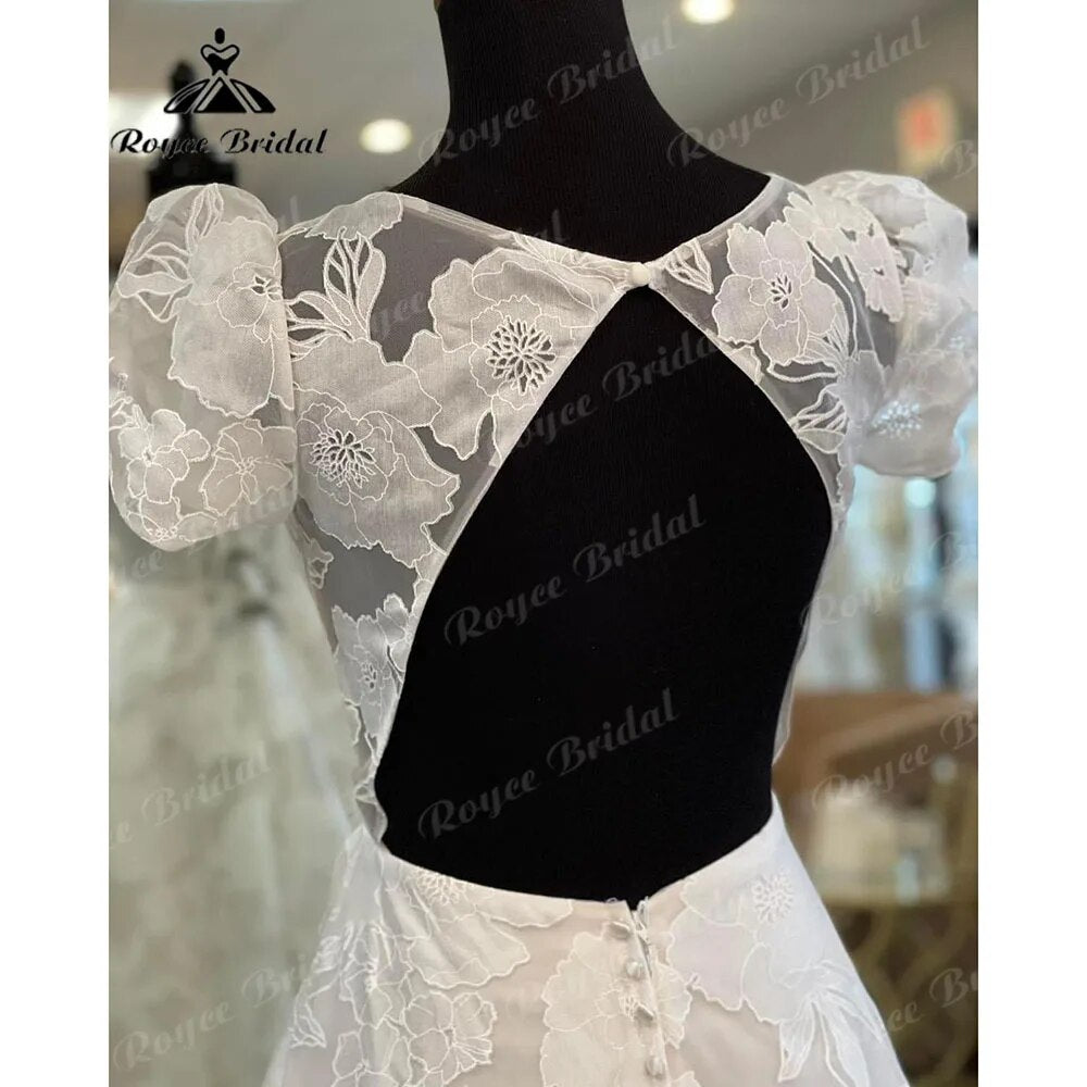 vestido novia Princess Short Puff Sleeve Lace Floral O-Neck Open Back Wedding Dress for Bride  Court Train Wedding Gown