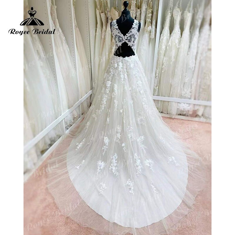 vestidos de novia Elegant A Line Wedding Dress Open Back Lace Appliques Deep V Neck Tank Sleeveless Bride Gown robe de mariée