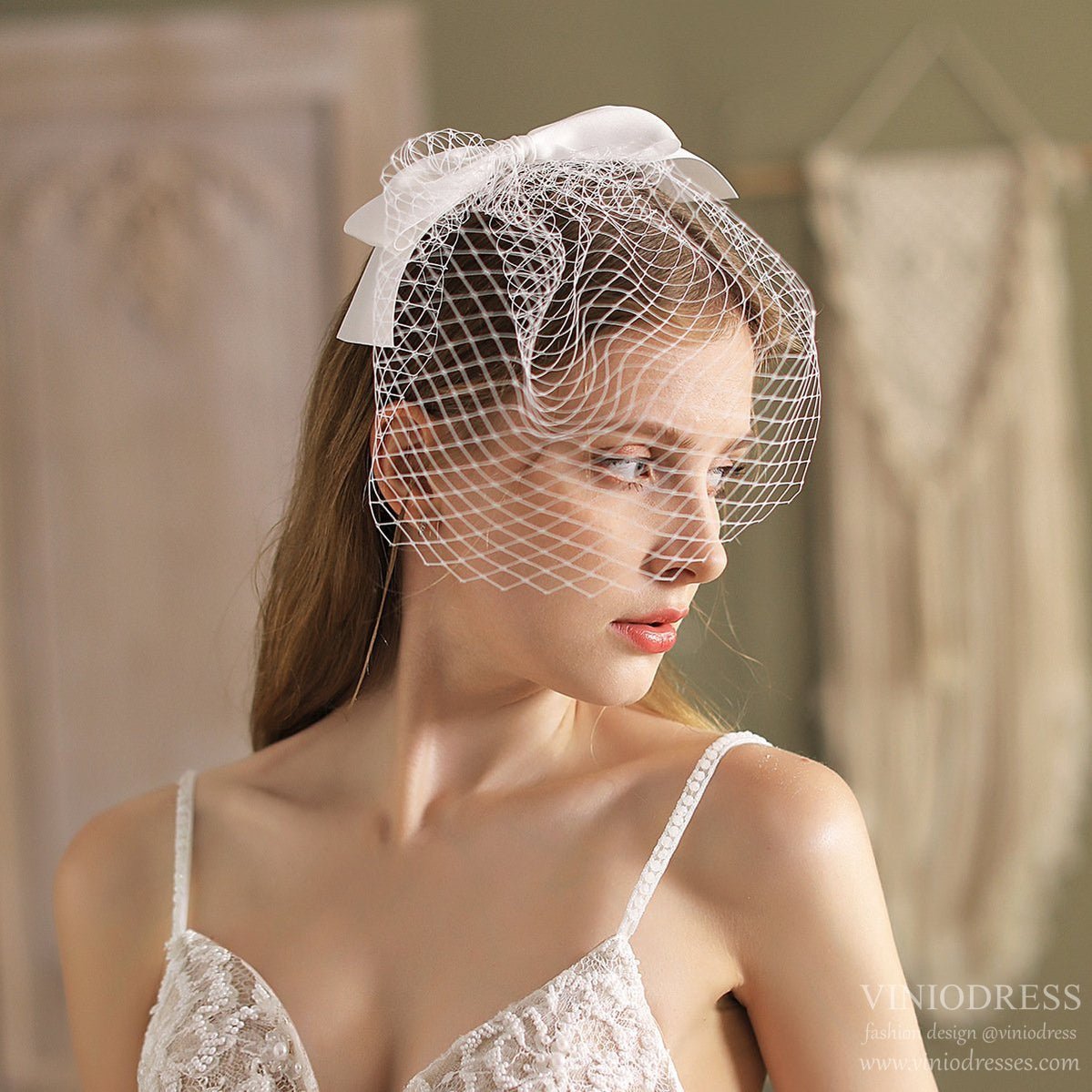 Vintage Birdcage Veil with Bow-Accessories-Viniodress-Ivory-Viniodress