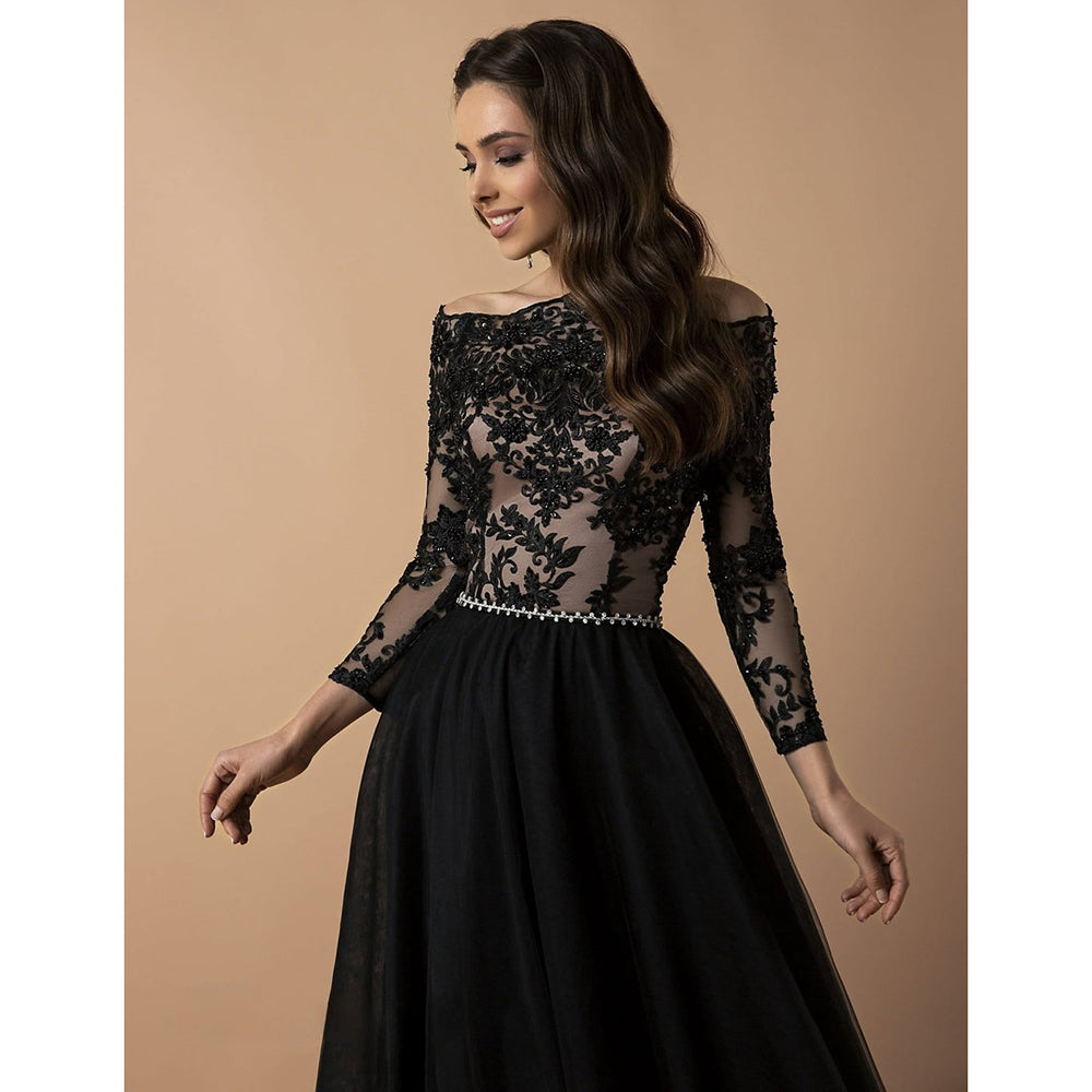 Strapless Neck Long Sleeve Lace Top Back Button Belt A Line Gothic Black Wedding Dress
