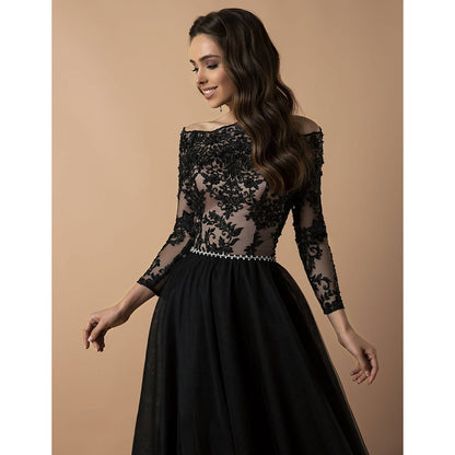 Strapless Neck Long Sleeve Lace Top Back Button Belt A Line Gothic Black Wedding Dress