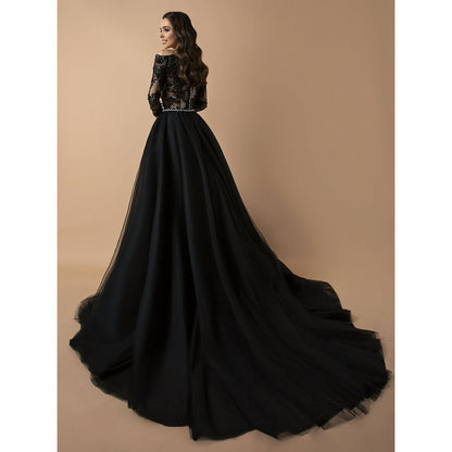 Strapless Neck Long Sleeve Lace Top Back Button Belt A Line Gothic Black Wedding Dress