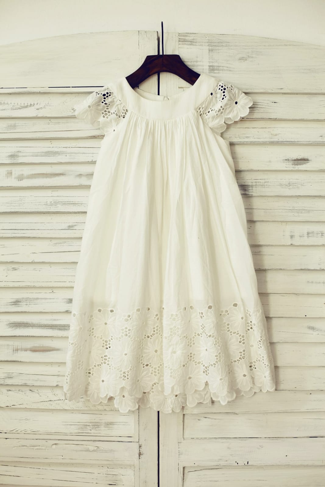 Vintage Ivory Cotton Eyelet Lace Flower Girl Dress with Cap 