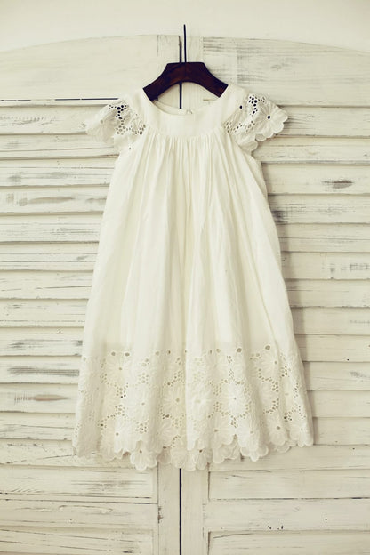 Vintage Ivory Cotton Eyelet Lace Flower Girl Dress with Cap 