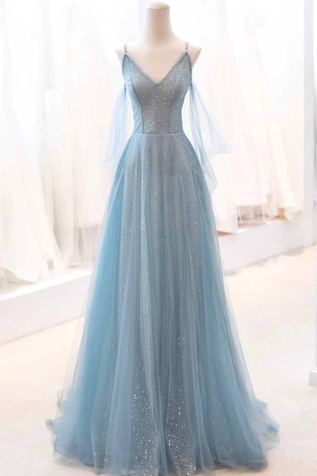 Roycebridal Roycebridal Kathryn | Dusty Blue Sparkly Tulle Long Prom Dress, A-Line Spaghetti Strap Evening Dress