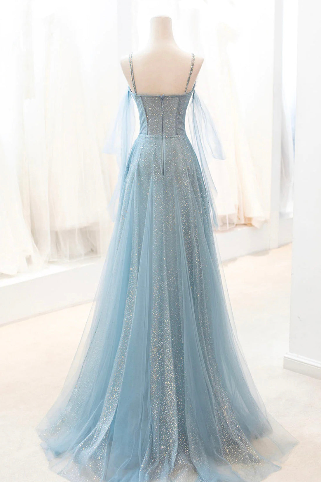 Roycebridal Roycebridal Kathryn | Dusty Blue Sparkly Tulle Long Prom Dress, A-Line Spaghetti Strap Evening Dress