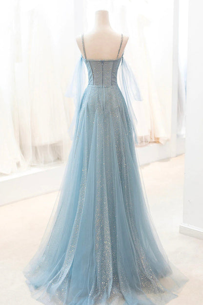 Roycebridal Roycebridal Kathryn | Dusty Blue Sparkly Tulle Long Prom Dress, A-Line Spaghetti Strap Evening Dress