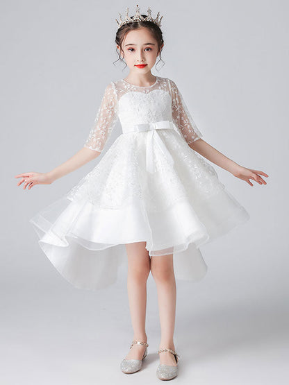 White Jewel Neck Half Sleeves Bows Kids Social Party Dresses-showprettydress