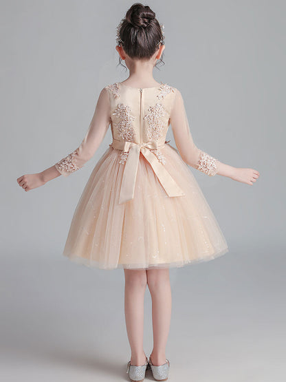 White Jewel Neck Sleeves Tulle Polyester Cotton Lace Embroidered Kids Party Dresses-showprettydress