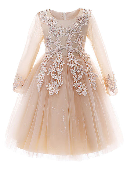 White Jewel Neck Sleeves Tulle Polyester Cotton Lace Embroidered Kids Party Dresses-showprettydress