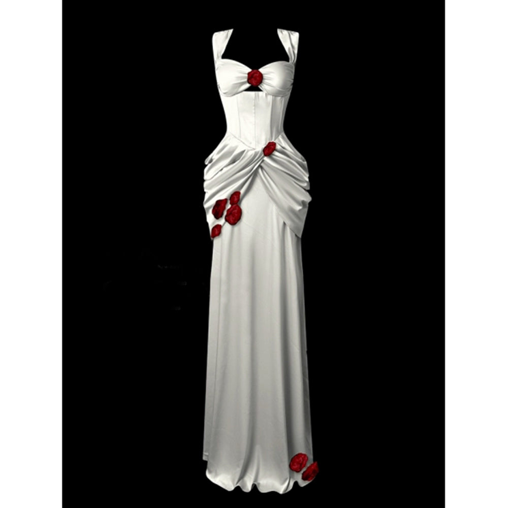 White Taffeta Red Rose Elegant Gothic Wedding Dress