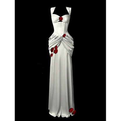 White Taffeta Red Rose Elegant Gothic Wedding Dress