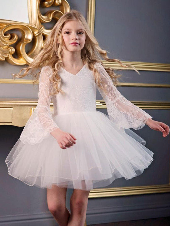 White VNeck Long Sleeves Polyester Kids Social Party Dresses