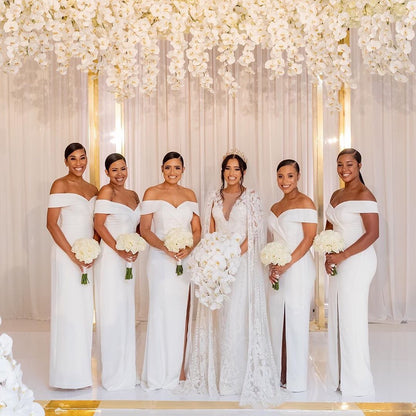 Sexy Mermaid Off the Shoulder White Bridesmaid Dresses Split