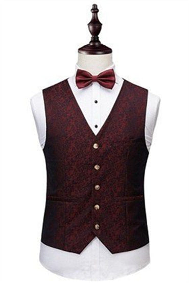 Wine Ruby Notched Laple Prom Suits for Men Bespoke Three Pieces Jacquard Tuxedo-showprettydress