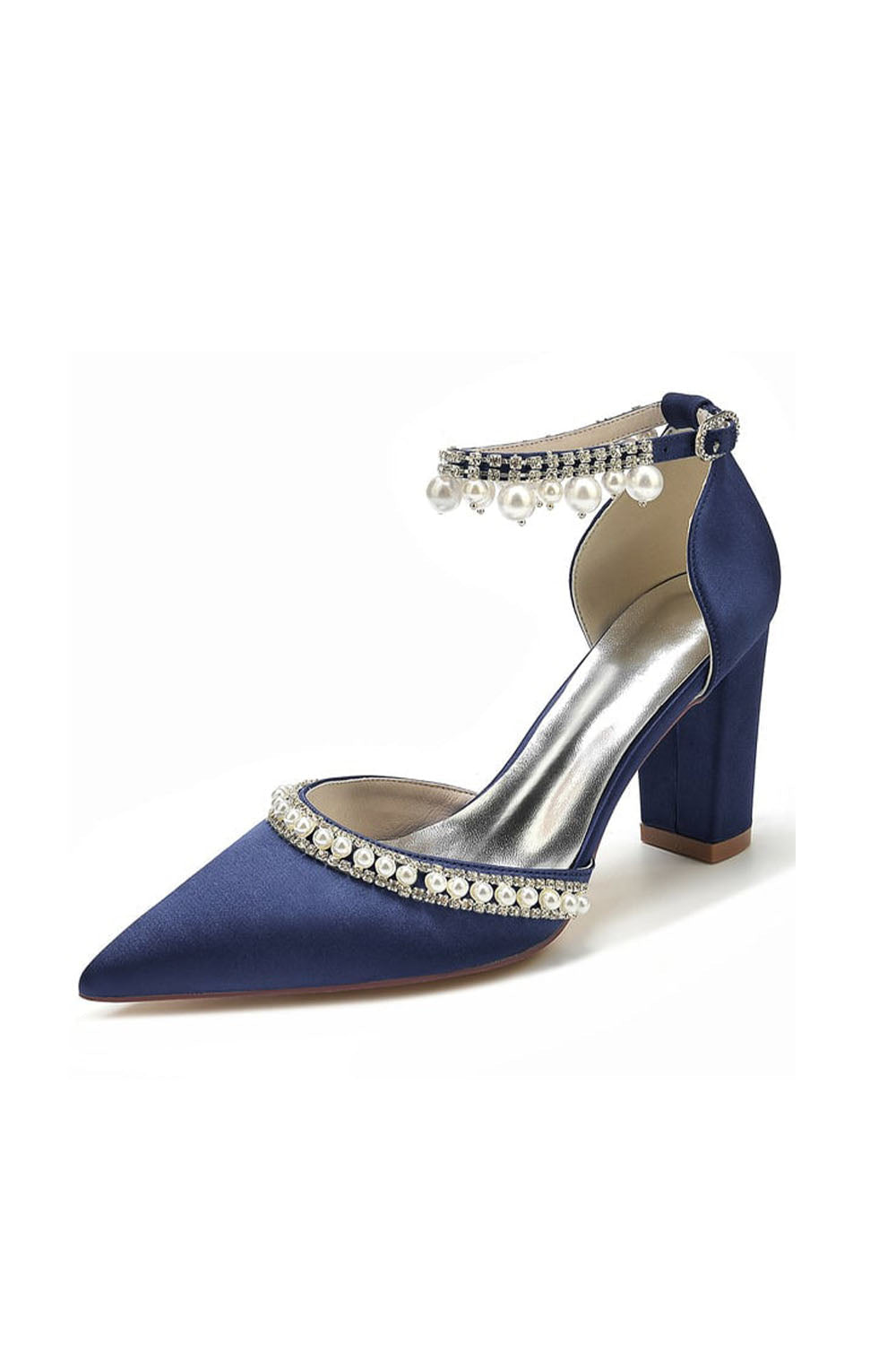 Roycebridal Women's Wedding Shoes Satin Block Heel Pearl Rhinestone Tassel Wedding Shoes
