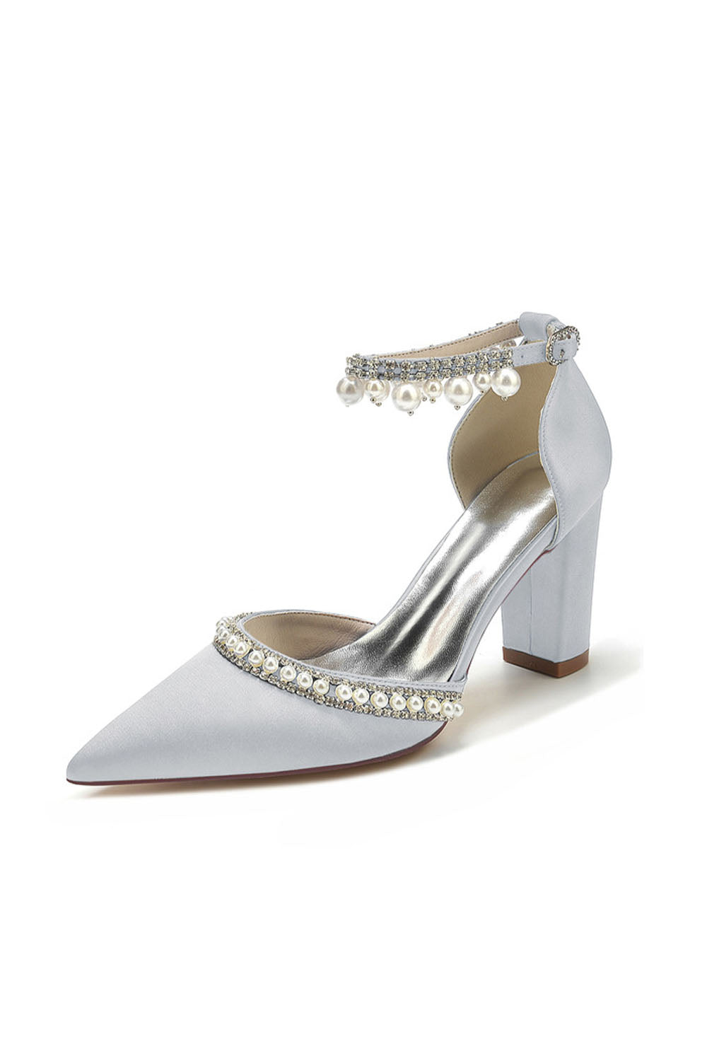 Roycebridal Women's Wedding Shoes Satin Block Heel Pearl Rhinestone Tassel Wedding Shoes