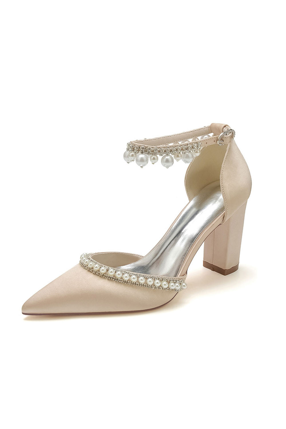 Roycebridal Women's Wedding Shoes Satin Block Heel Pearl Rhinestone Tassel Wedding Shoes