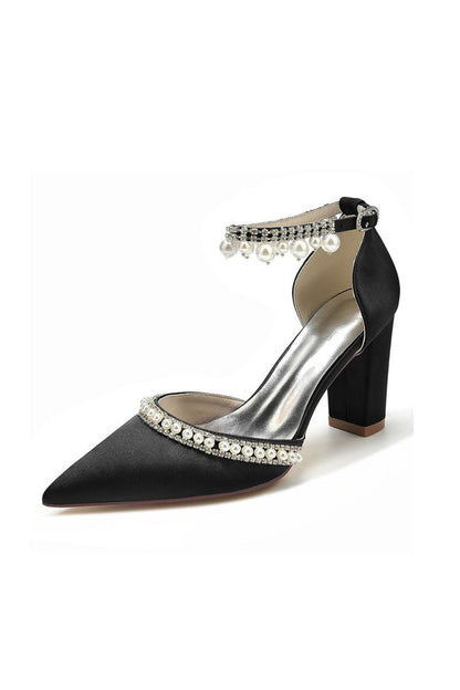 Roycebridal Women's Wedding Shoes Satin Block Heel Pearl Rhinestone Tassel Wedding Shoes