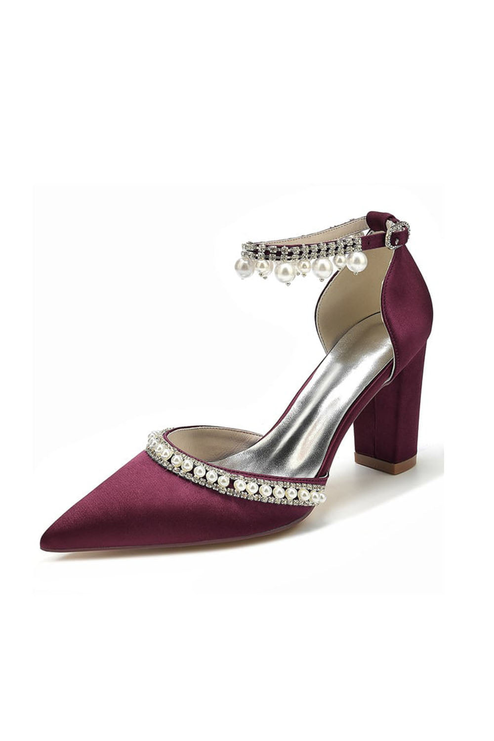 Roycebridal Women's Wedding Shoes Satin Block Heel Pearl Rhinestone Tassel Wedding Shoes