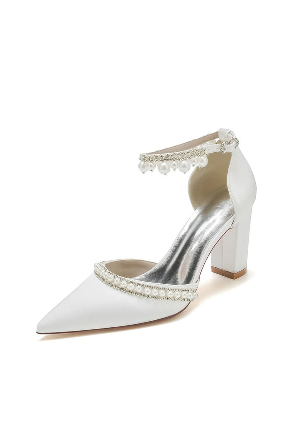 Roycebridal Women's Wedding Shoes Satin Block Heel Pearl Rhinestone Tassel Wedding Shoes