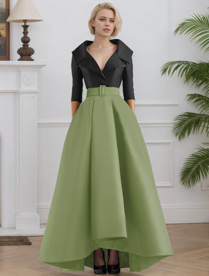 3/4 Length Sleeve Shirt Collar with Pocket Satin A Line  Formal Evening Dresses