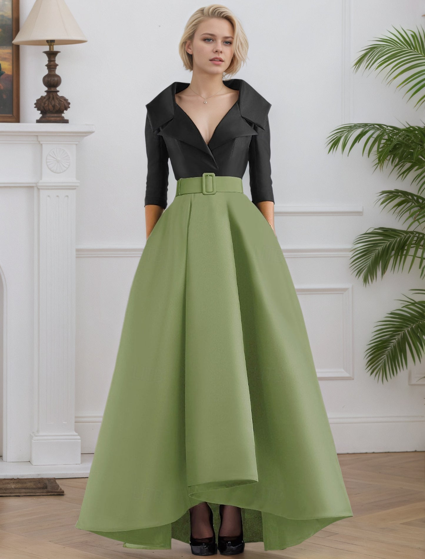 3/4 Length Sleeve Shirt Collar with Pocket Satin A Line  Formal Evening Dresses