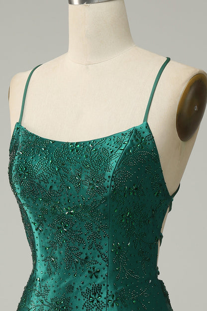 Dark Green Beaded Tight Homecoming Dress With Criss Cross Back