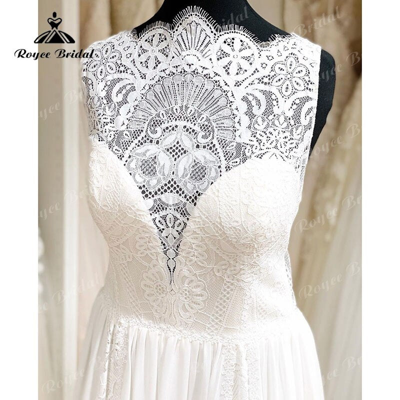 2021 Robe Mariage A Line Scalloped Neck Wedding Dress Lace Chiffon Sleeveless Illusion Bohemian Bridal Gowns robe soirée mariage