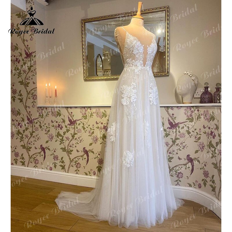 2022 Robe Mariage A Line Boho Wedding Dress with V Neck Lace Appliqued Spaghetti Straps Sweep vestido para boda playa elegant