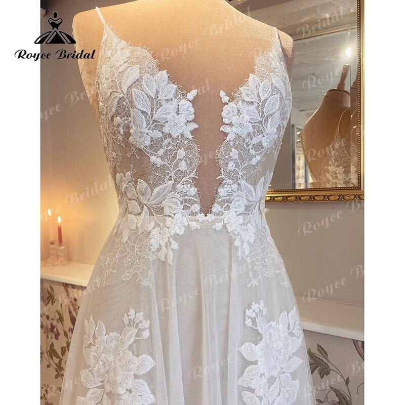 2022 Robe Mariage A Line Boho Wedding Dress with V Neck Lace Appliqued Spaghetti Straps Sweep vestido para boda playa elegant