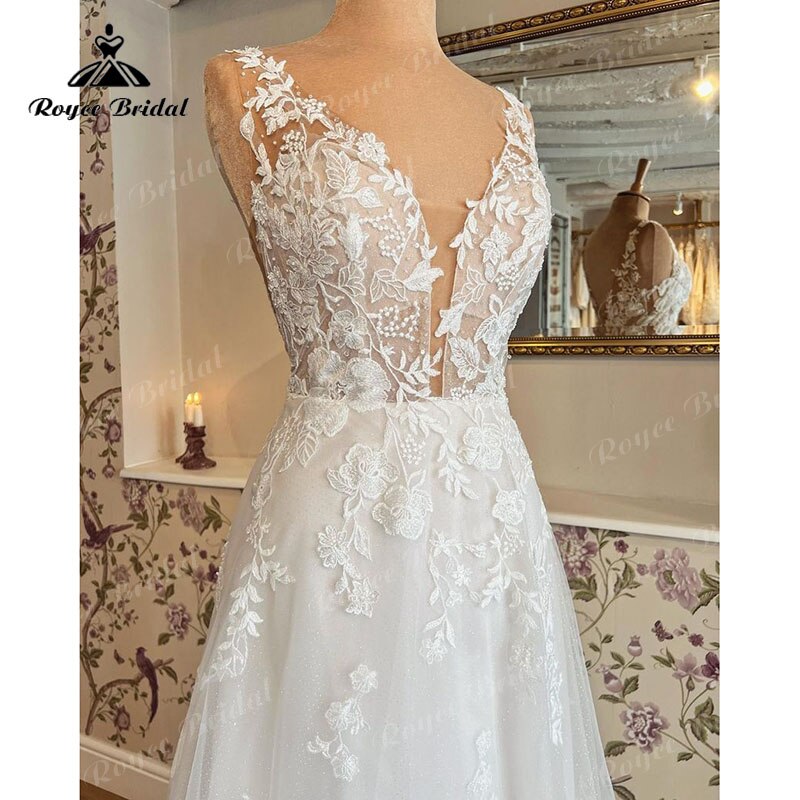 2022 Robe Mariage A Line Tank Wedding Dress Deep V Neck Lace Floral Appliqued Bridal Gown Wedding Gown Vestidos de Noiva Elegant