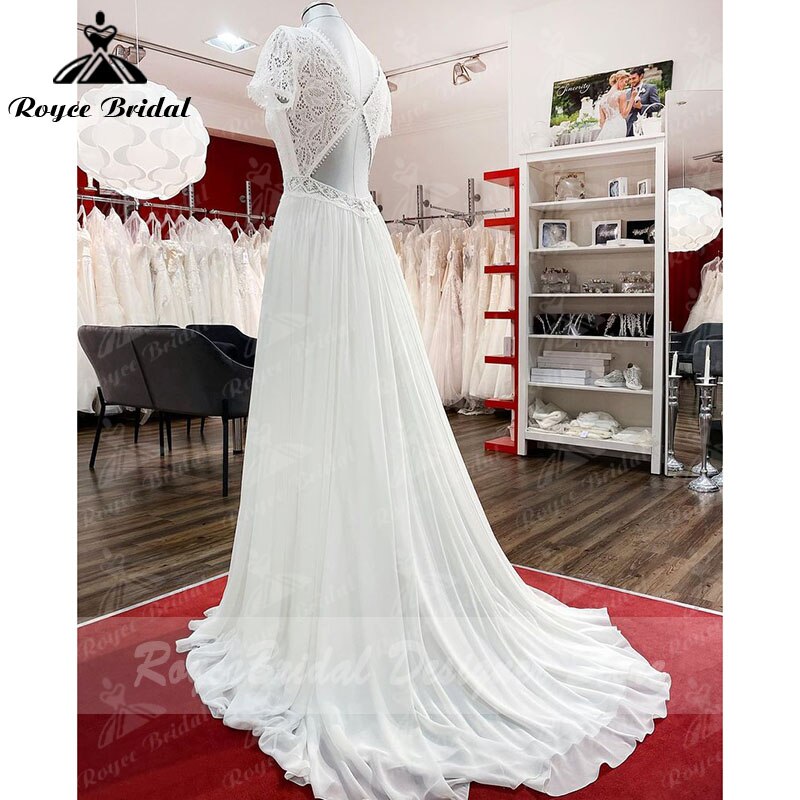 2023 Robe Plunging Wedding Dress Open Back Short Sleeve V Neck Lace Bodice Chiffon Wedding Gowns Custom Made vestido de noiva