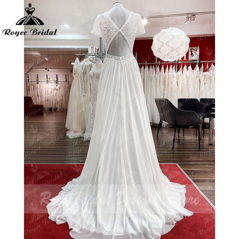 2024 Robe Plunging Wedding Dress Open Back Short Sleeve V Neck Lace Bodice Chiffon Wedding Gowns Custom Made